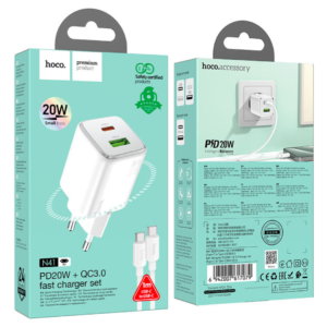 HOCO N41 ALMIGHTY PD20W+QC3.0 CHARGER SET (TYPE-C TO TYPE-C) (EU) WHITE