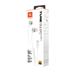 JBL TUNE 31OC USB-C WHITE HAND-FREE CALLS , EQ PRESETS, TANGLE-FREE CABLE, DIGITAL TO ANALOG COVERTER