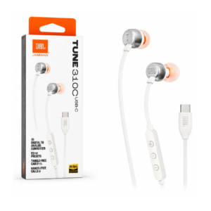 JBL TUNE 31OC USB-C WHITE HAND-FREE CALLS , EQ PRESETS, TANGLE-FREE CABLE, DIGITAL TO ANALOG COVERTER