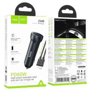 HOCO Z54B PROSPEROUS PD60W(2C) CAR CHARGER SET (C to C) METAL GRAY