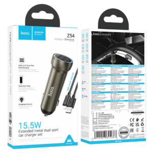 HOCO Z54 EXTENDED METAL DUAL-PORT CAR CHARGER SET, USB-A TO USB-C
