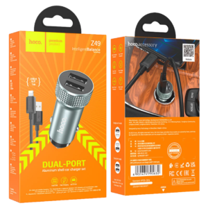 HOCO Z49 DUAL-PORT ALUMINIUM SHELL CAR CHARGER SET, USB-A TO IP, 1M